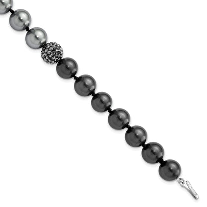7.5 Inch Majestic Sterling Silver Rhodium-Plated 10-11mm Dk Grey/Black Imitation Shell Pearl Crystal Hand-Knotted Bracelet