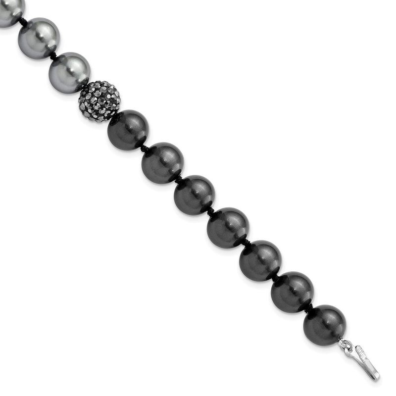 7.5 Inch Majestic Sterling Silver Rhodium-Plated 10-11mm Dk Grey/Black Imitation Shell Pearl Crystal Hand-Knotted Bracelet