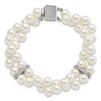 7.5 Inch Majestik Sterling Silver Rhodium-Plated 7-8mm White Imitation Shell Pearl And Cz Hand-Knotted Bracelet