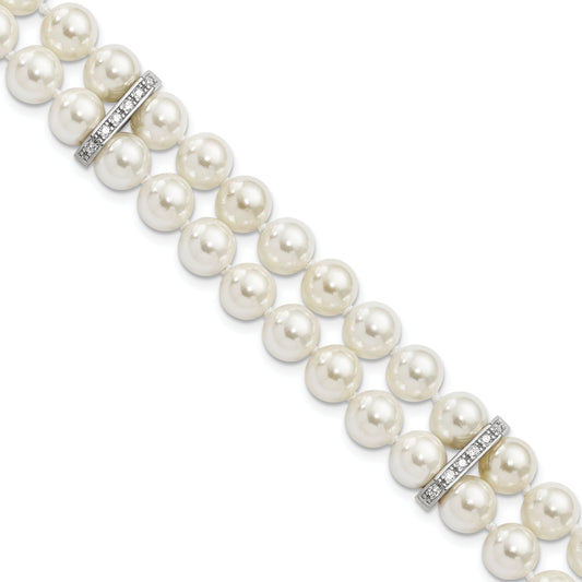 7.5 Inch Majestik Sterling Silver Rhodium-Plated 7-8mm White Imitation Shell Pearl And Cz Hand-Knotted Bracelet