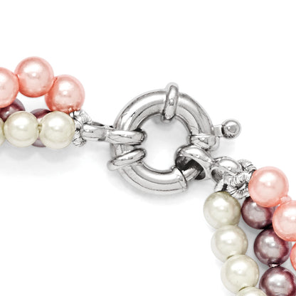 7.5 Inch Majestik Sterling Silver Rhodium-Plated 3Row 4-5mm White Pink Purple Imitation Shell Pearl Hand-Knotted Bracelet