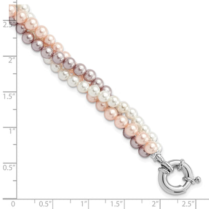 7.5 Inch Majestik Sterling Silver Rhodium-Plated 3Row 4-5mm White Pink Purple Imitation Shell Pearl Hand-Knotted Bracelet