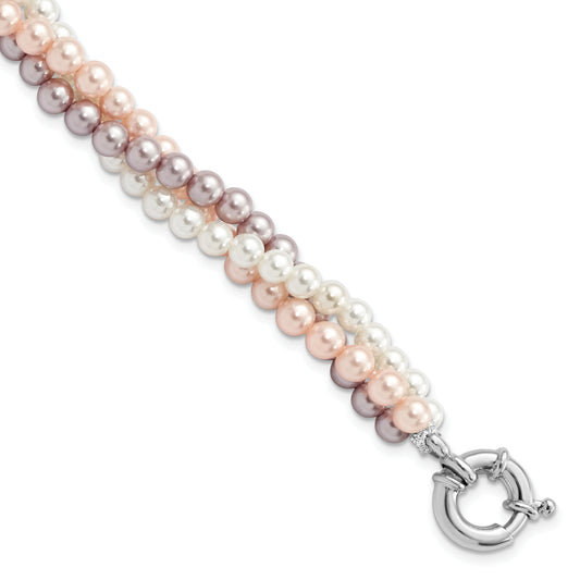 7.5 Inch Majestik Sterling Silver Rhodium-Plated 3Row 4-5mm White Pink Purple Imitation Shell Pearl Hand-Knotted Bracelet