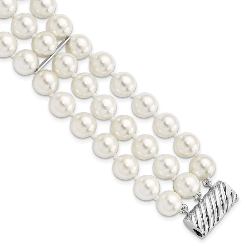 7.5 Inch Majestic Sterling Silver Rhodium-Plated 8-9mm White Imitation Shell Pearl Hand-Knotted Multi-Strand Bracelet