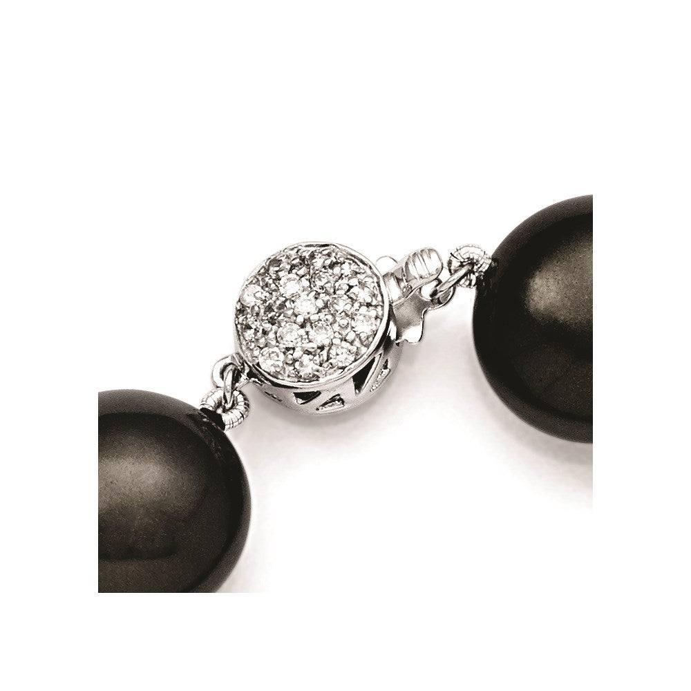Sterling Silver S Majestik Rh-Pl 14-15mm Coin Blk Imitat Shell Pearl Cz Clasp Brac