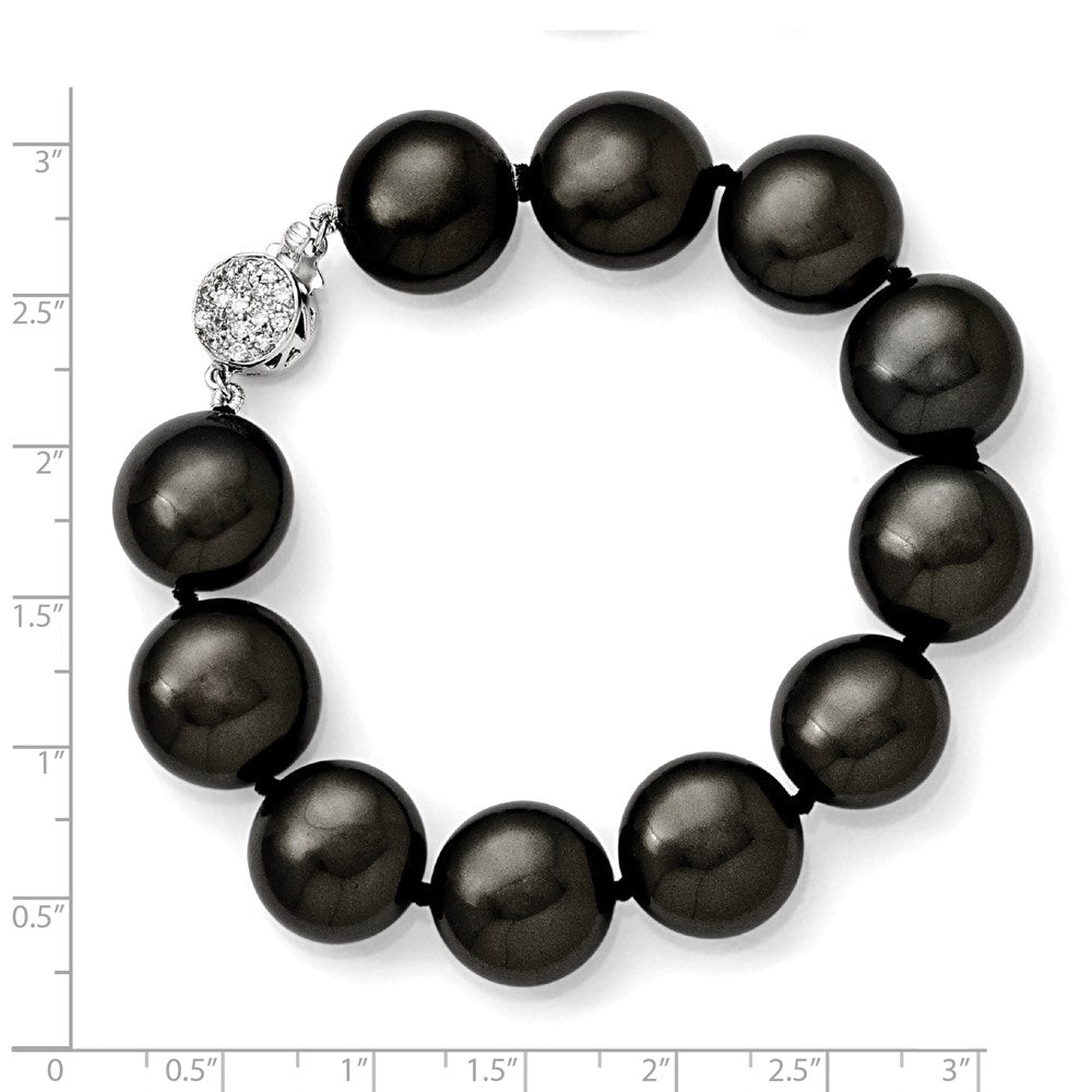 Sterling Silver S Majestik Rh-Pl 14-15mm Coin Blk Imitat Shell Pearl Cz Clasp Brac