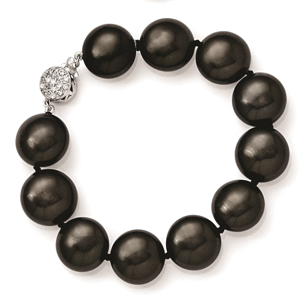 Sterling Silver S Majestik Rh-Pl 14-15mm Coin Blk Imitat Shell Pearl Cz Clasp Brac