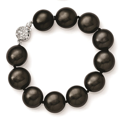 Sterling Silver S Majestik Rh-Pl 14-15mm Coin Blk Imitat Shell Pearl Cz Clasp Brac