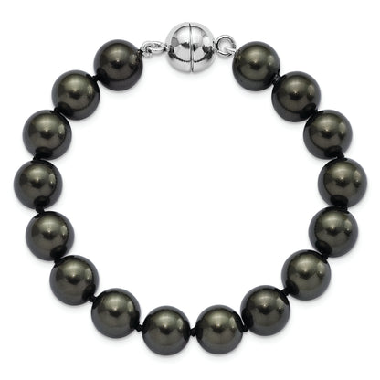 7.5 Inch Majestic Sterling Silver Rhodium-Plated 10-11mm Black Imitation Shell Pearl Hand-Knotted Bracelet