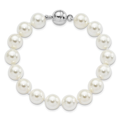 7.5 Inch Majestic Sterling Silver Rhodium-Plated 10-11mm White Imitation Shell Pearl Hand-Knotted Bracelet