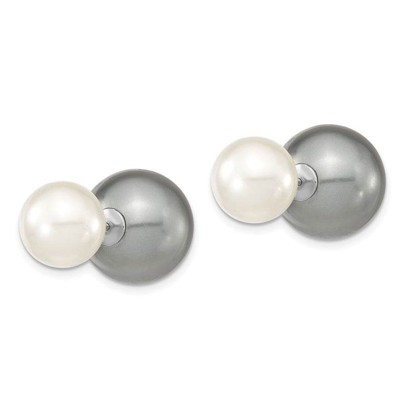 Sterling Silver Majestik Rhodium-Plated 10-11mm And 14-15mm Grey With White Imitation Shell Pearl Front Back Post Earrings