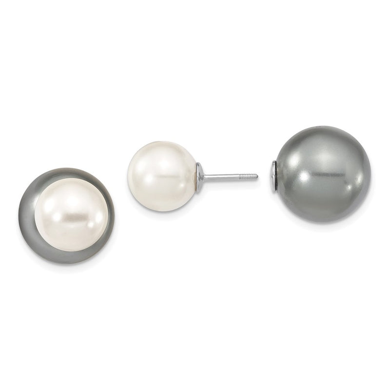 Sterling Silver Majestik Rhodium-Plated 10-11mm And 14-15mm Grey With White Imitation Shell Pearl Front Back Post Earrings