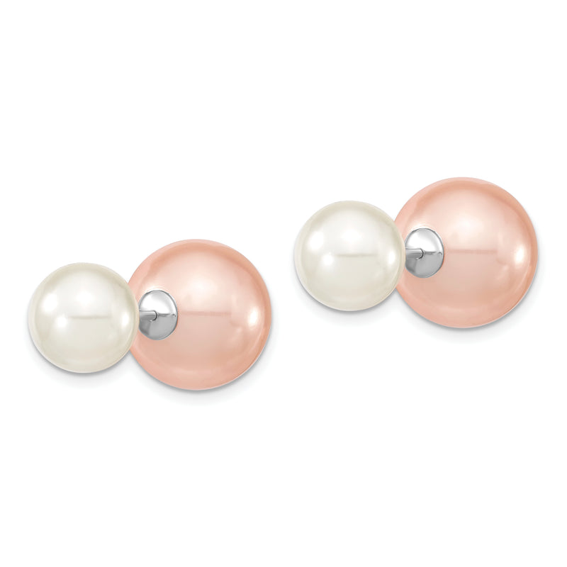 Sterling Silver Majestik Rhodium-Plated 10-11mm And 14-15mm Pink With White Imitation Shell Pearl Front Back Post Earrings