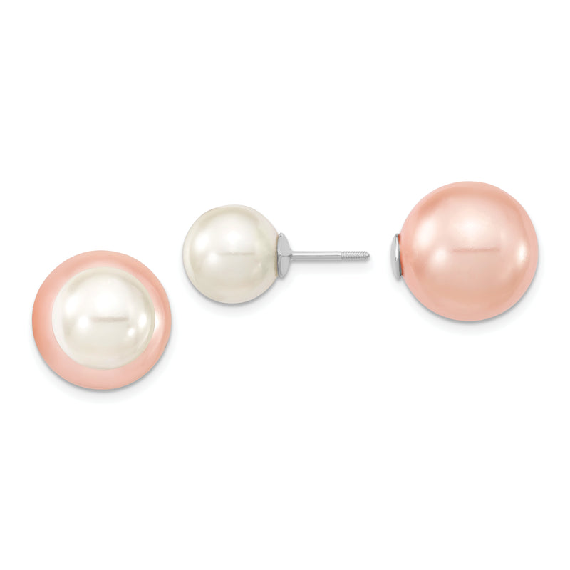 Sterling Silver Majestik Rhodium-Plated 10-11mm And 14-15mm Pink With White Imitation Shell Pearl Front Back Post Earrings