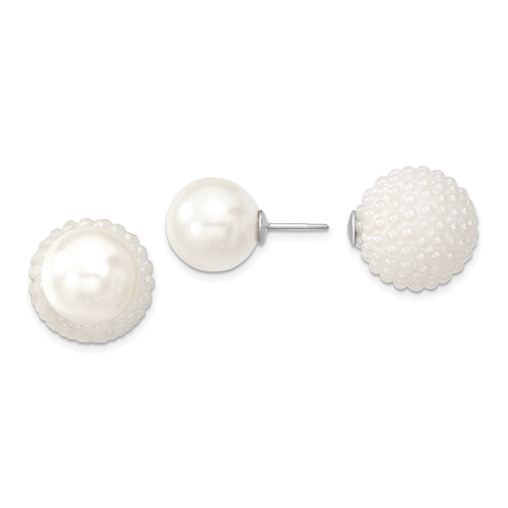 Sterling Silver Majestik Rhodium-Plated 11-12mm And 15-16mm White With Imitation Shell Pearl Front Back Post Earrings