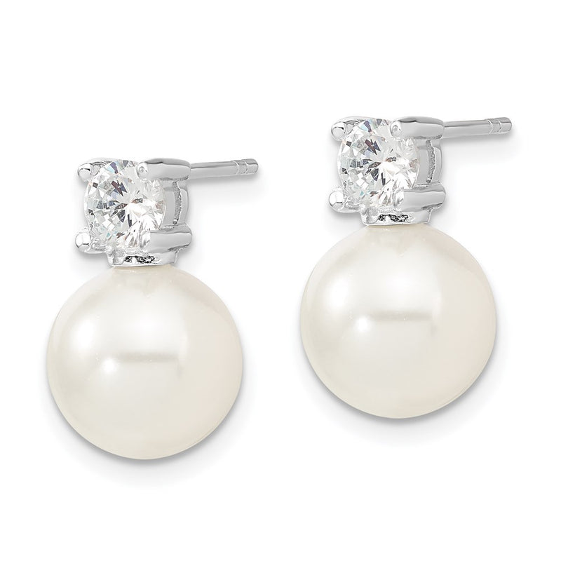 Sterling Silver Majestik Rhodium-Plated 10-11mm White Imitation Shell Pearl And Cz Post Earrings