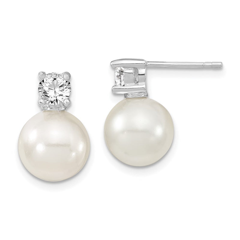 Sterling Silver Majestik Rhodium-Plated 10-11mm White Imitation Shell Pearl And Cz Post Earrings