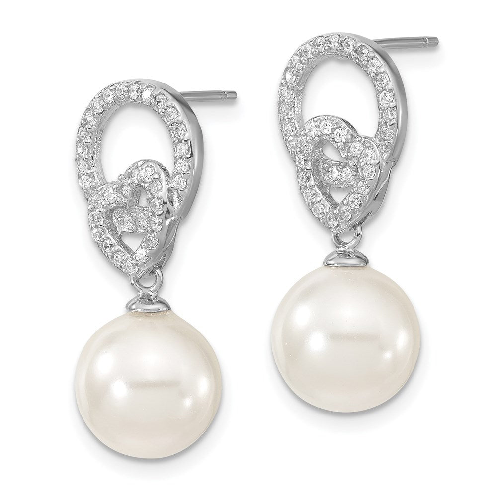 Sterling Silver S Majestik Rh-Pl 10-11mm Wht Imitat Shell Pearl & Cz Dangle Earrin