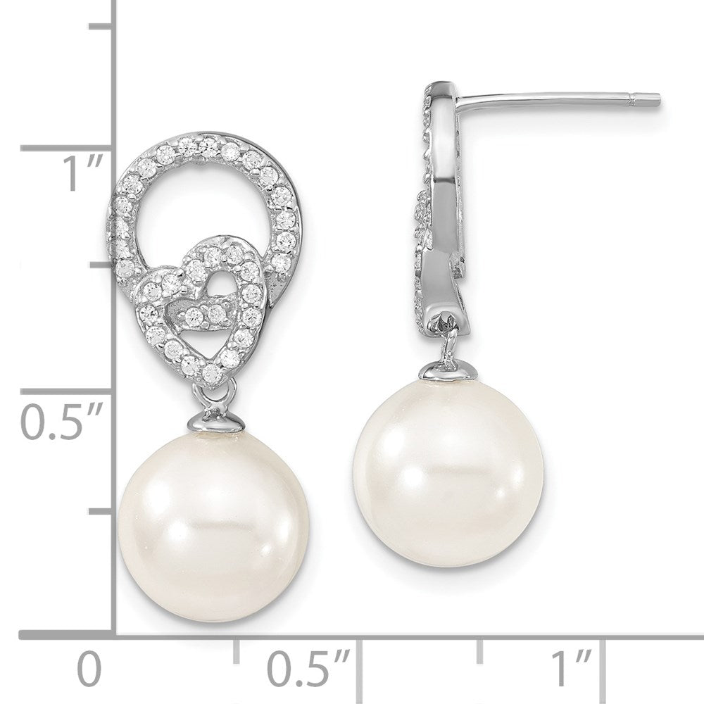 Sterling Silver S Majestik Rh-Pl 10-11mm Wht Imitat Shell Pearl & Cz Dangle Earrin