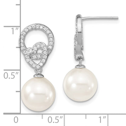 Sterling Silver S Majestik Rh-Pl 10-11mm Wht Imitat Shell Pearl & Cz Dangle Earrin