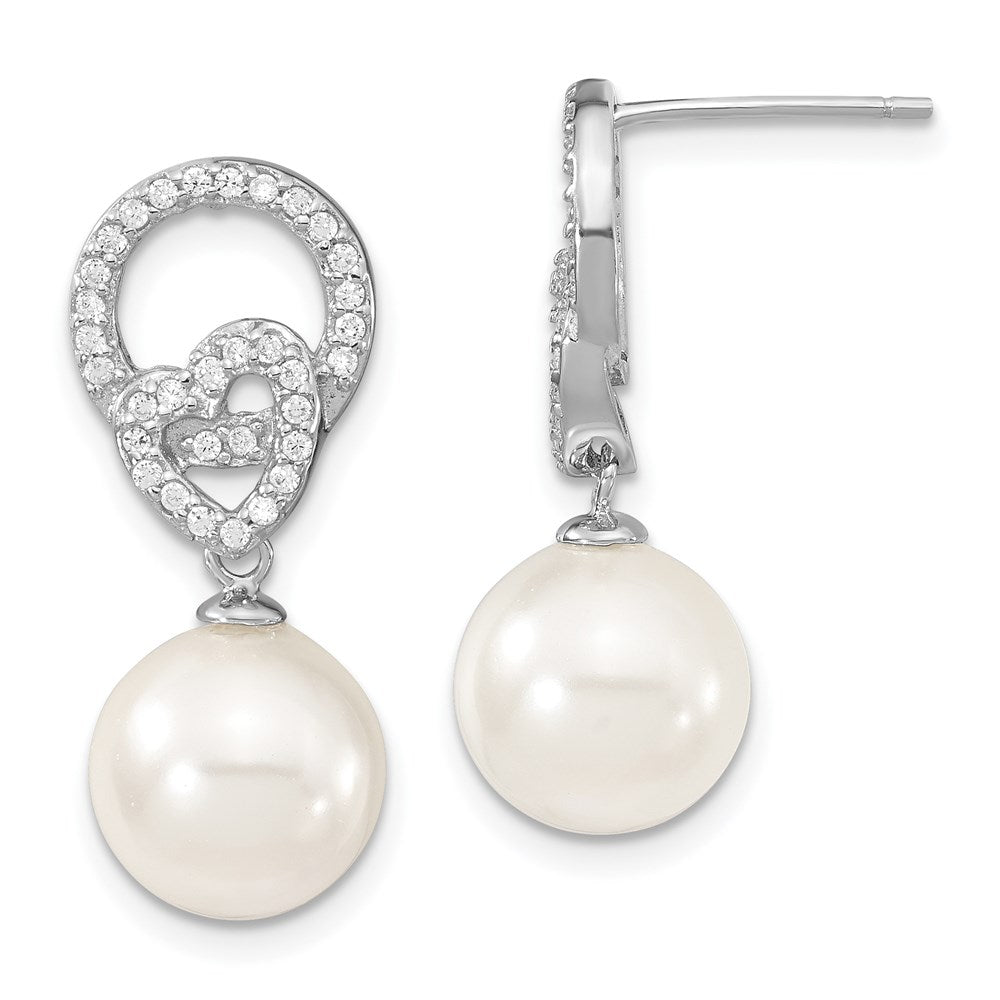 Sterling Silver S Majestik Rh-Pl 10-11mm Wht Imitat Shell Pearl & Cz Dangle Earrin