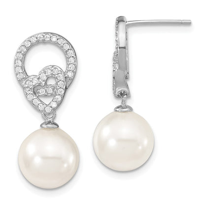 Sterling Silver S Majestik Rh-Pl 10-11mm Wht Imitat Shell Pearl & Cz Dangle Earrin