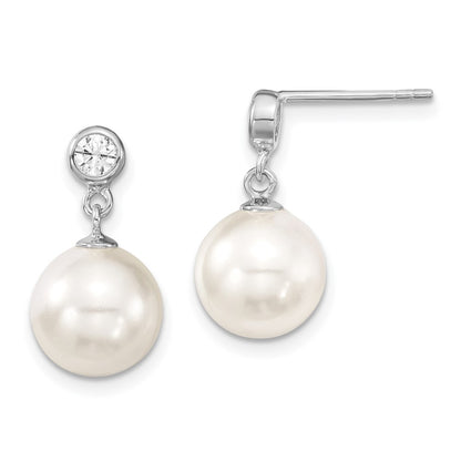 Sterling Silver Majestik Rhodium-Plated 10-11mm White Imitation Shell Pearl And Cz Dangle Earrings