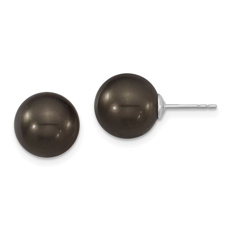 Sterling Silver Majestik Rhodium-Plated 10-11mm Black Imitation Shell Pearl Stud Earrings