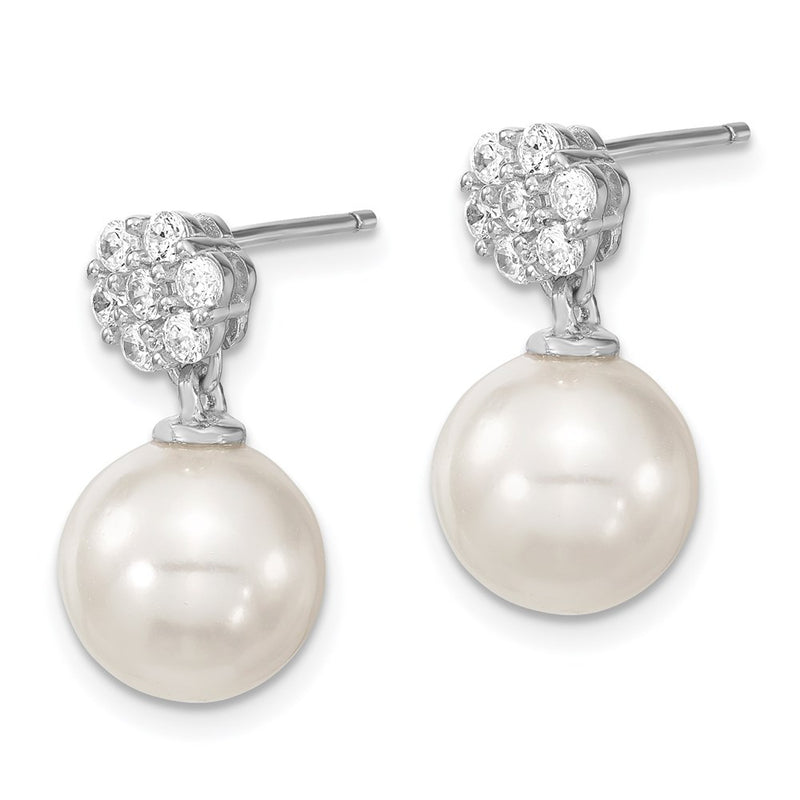 Sterling Silver Majestik Rhodium Plated 10 11mm White Imitation Shell Pearl Cz Post Dangle Earrings