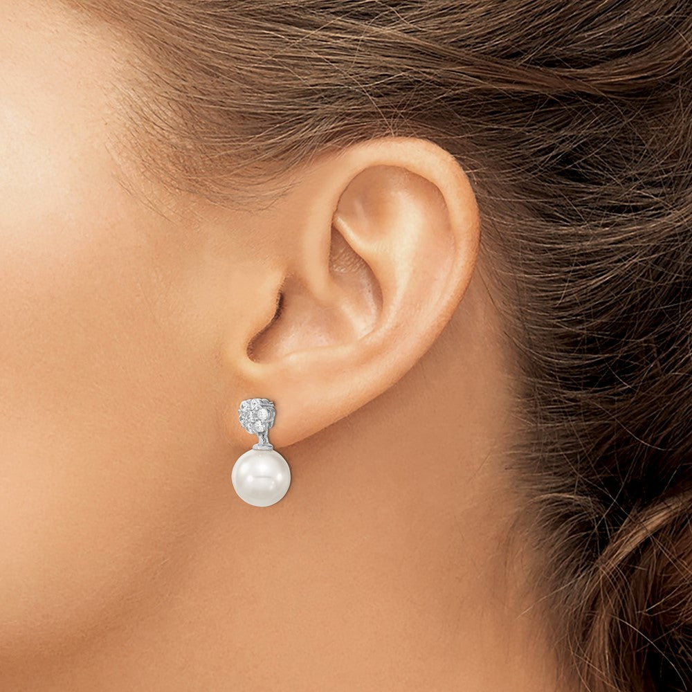 Sterling Silver Majestik Rhodium Plated 10 11mm White Imitation Shell Pearl Cz Post Dangle Earrings