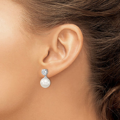 Sterling Silver Majestik Rhodium Plated 10 11mm White Imitation Shell Pearl Cz Post Dangle Earrings