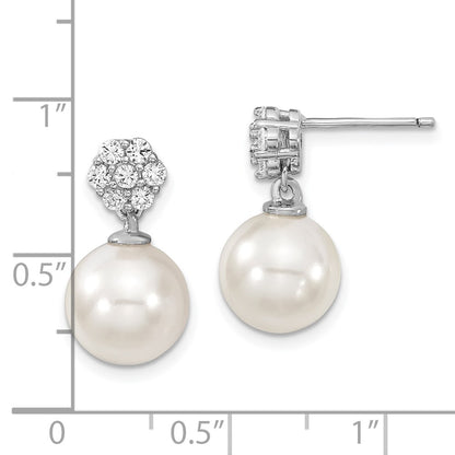 Sterling Silver Majestik Rhodium Plated 10 11mm White Imitation Shell Pearl Cz Post Dangle Earrings