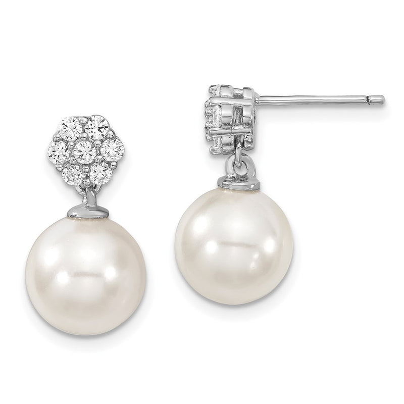 Sterling Silver Majestik Rhodium Plated 10 11mm White Imitation Shell Pearl Cz Post Dangle Earrings