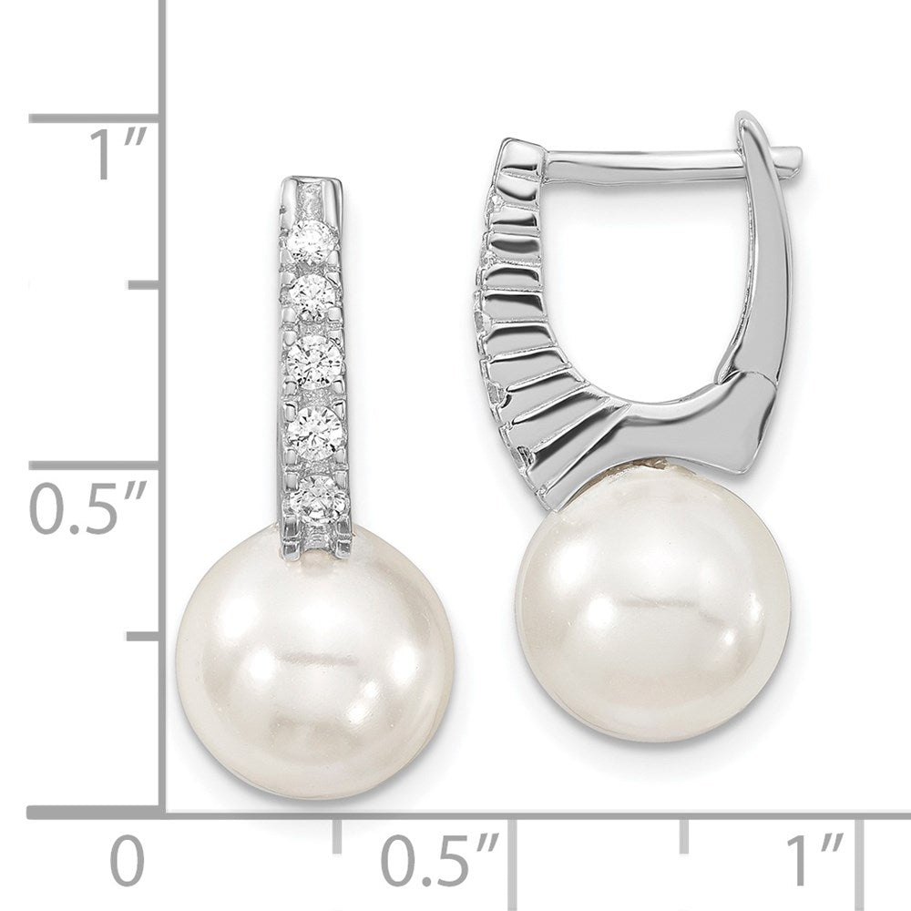 Sterling Silver Majestik Rhodium-Plated 10-11mm White Imitation Shell Pearl Cz Hinged Post Dangle Earrings