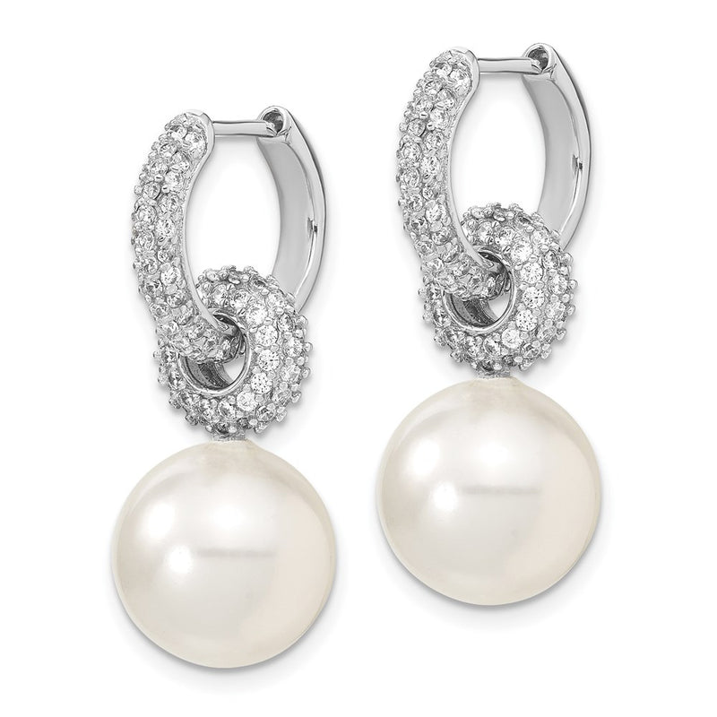 Sterling Silver Majestik Rhodium-Plated 12-13mm White Imitation Shell Pearl Dangle Endless Cz Hoop Earrings
