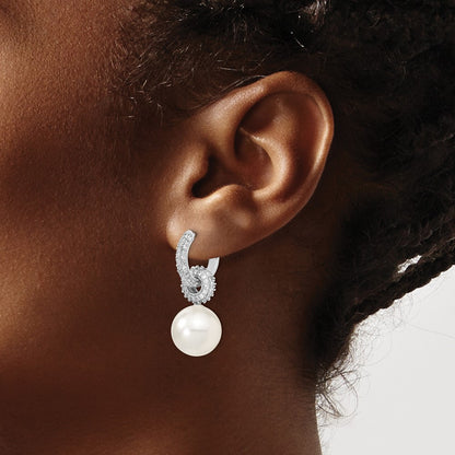 Sterling Silver Majestik Rhodium-Plated 12-13mm White Imitation Shell Pearl Dangle Endless Cz Hoop Earrings