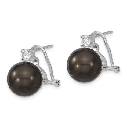 Sterling Silver Majestik Rhodium-Plated 12-13mm Black Imitation Shell Pearl And Cz Omega Back Earrings