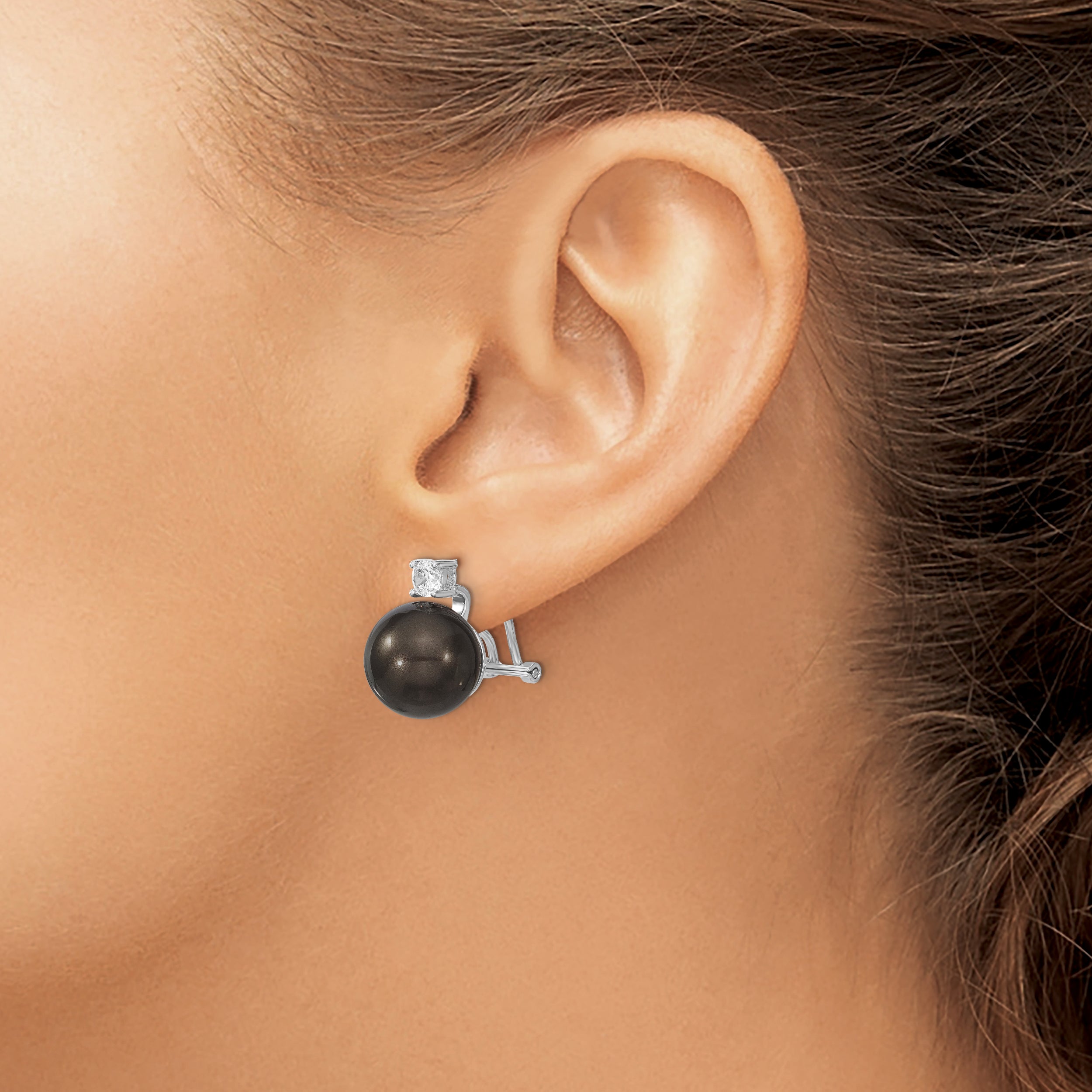 Sterling Silver Majestik Rhodium-Plated 12-13mm Black Imitation Shell Pearl And Cz Omega Back Earrings