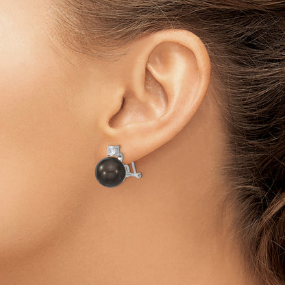 Sterling Silver Majestik Rhodium-Plated 12-13mm Black Imitation Shell Pearl And Cz Omega Back Earrings