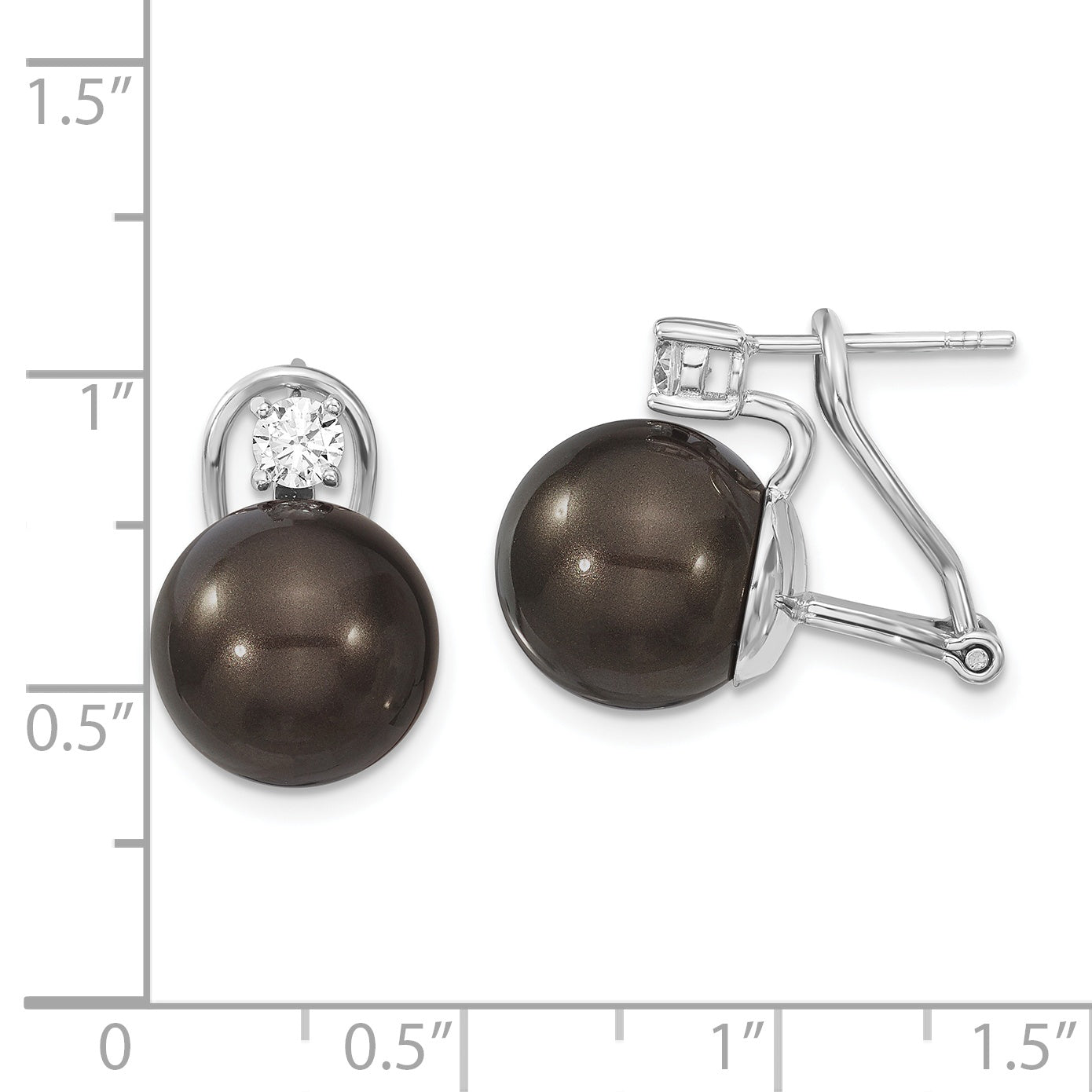 Sterling Silver Majestik Rhodium-Plated 12-13mm Black Imitation Shell Pearl And Cz Omega Back Earrings