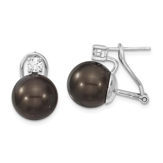 Sterling Silver Majestik Rhodium-Plated 12-13mm Black Imitation Shell Pearl And Cz Omega Back Earrings