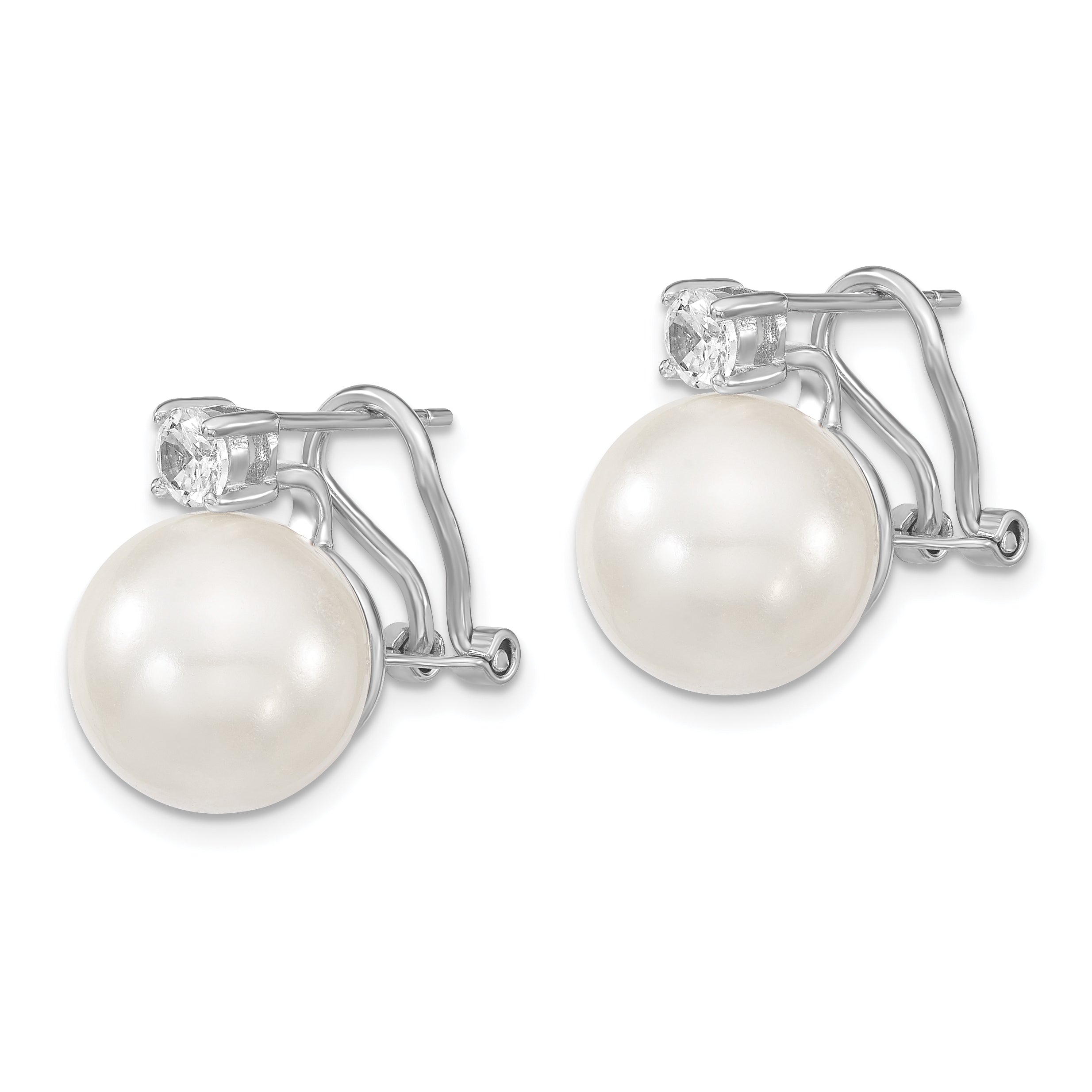 Sterling Silver Majestik Rhodium-Plated 12-13mm White Shell Imitation Pearl And Clear Cz Omega Back Post Earrings