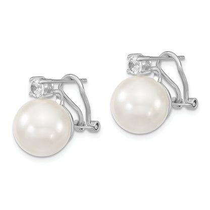 Sterling Silver Majestik Rhodium-Plated 12-13mm White Shell Imitation Pearl And Clear Cz Omega Back Post Earrings