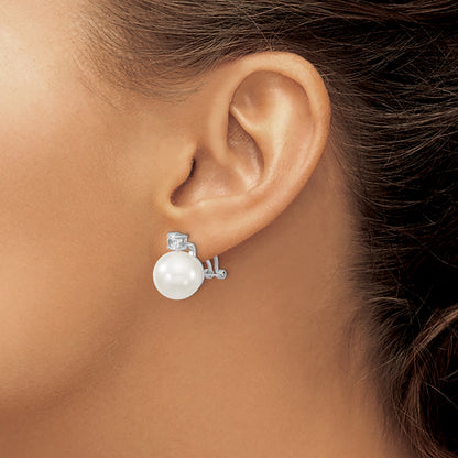 Sterling Silver Majestik Rhodium-Plated 12-13mm White Shell Imitation Pearl And Clear Cz Omega Back Post Earrings