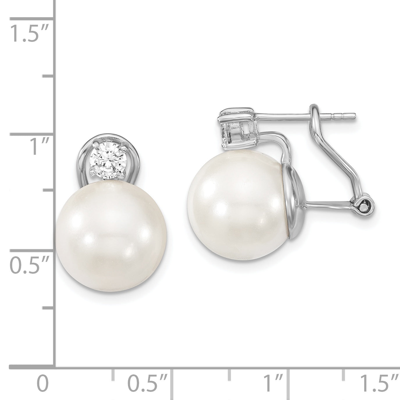 Sterling Silver Majestik Rhodium-Plated 12-13mm White Shell Imitation Pearl And Clear Cz Omega Back Post Earrings