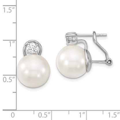 Sterling Silver Majestik Rhodium-Plated 12-13mm White Shell Imitation Pearl And Clear Cz Omega Back Post Earrings