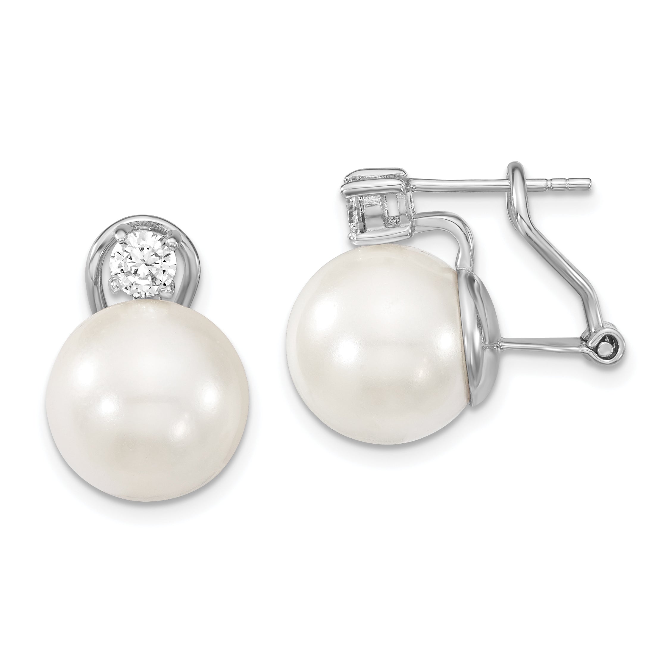 Sterling Silver Majestik Rhodium-Plated 12-13mm White Shell Imitation Pearl And Clear Cz Omega Back Post Earrings
