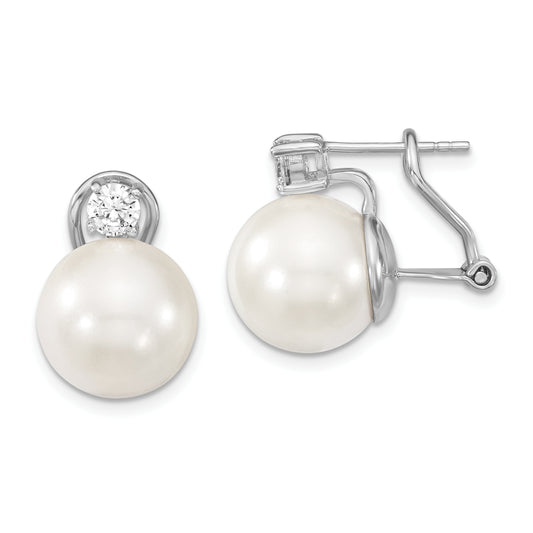 Sterling Silver Majestik Rhodium-Plated 12-13mm White Shell Imitation Pearl And Clear Cz Omega Back Post Earrings