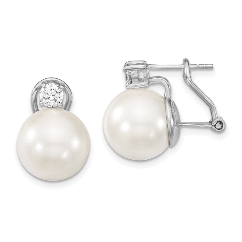 Sterling Silver Majestik Rhodium-Plated 12-13mm White Shell Imitation Pearl And Clear Cz Omega Back Post Earrings
