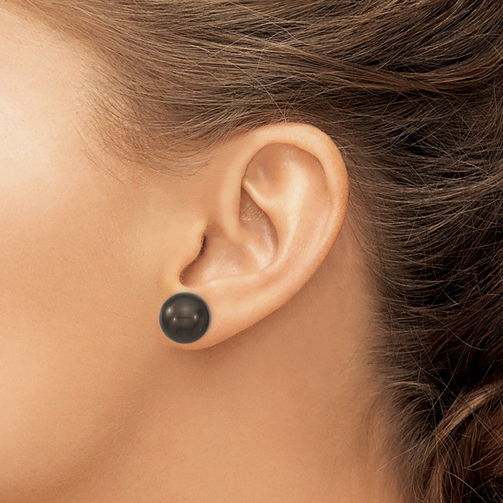 Sterling Silver Majestik Rhodium-Plated 12-13mm Black Imitation Shell Pearl Stud Earrings
